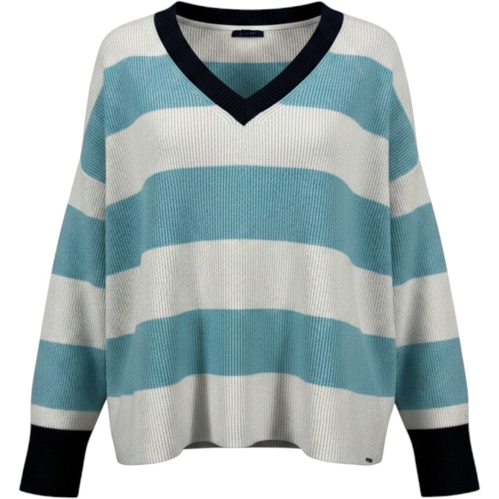 Nautica Women's Aqua/White Striped V-Neck Knit XL Cozy Y2K Nautical Sweater